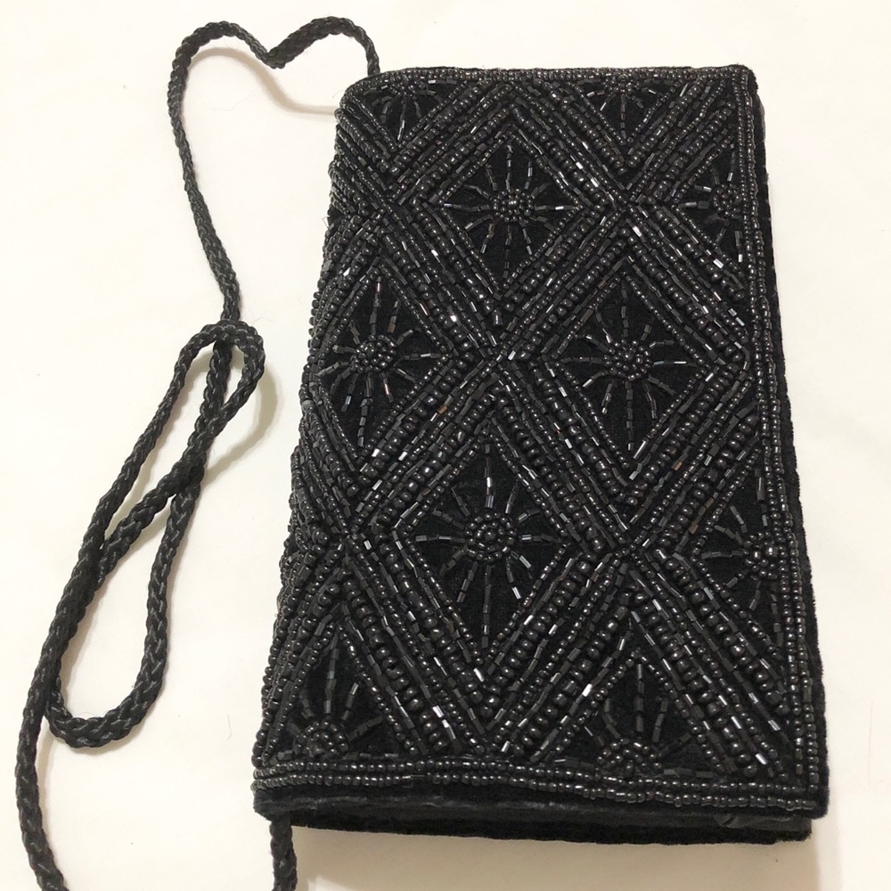 NWOT Black Velvet Beaded Mini Bag w/Shoulder Strap - Picture 4 of 11